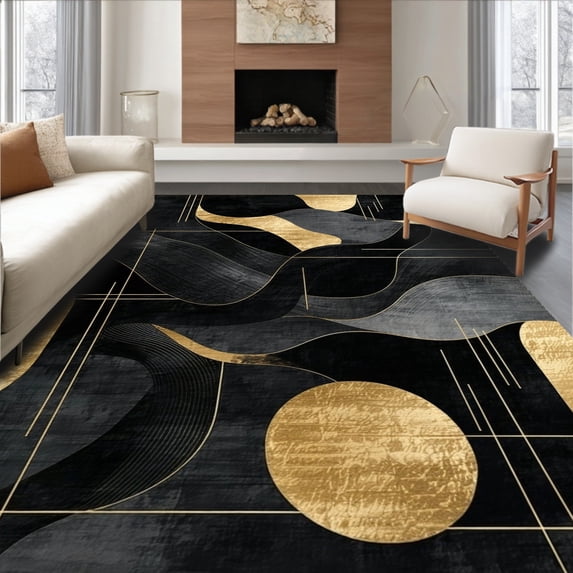 ODIKA 5'x7' Machine Washable Non-Slip Area Rug, Metropolitan Ebony With Radiant Gilt Strokes High Traffic Rug, Black, 87329