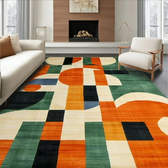 Flatwoven High Traffic Area Rug, Mid Century Eclectic Fusion, Non Slip, Stain Resistant, Washable Area Rugs for Living Room, Bedroom(Orange, 8X10)