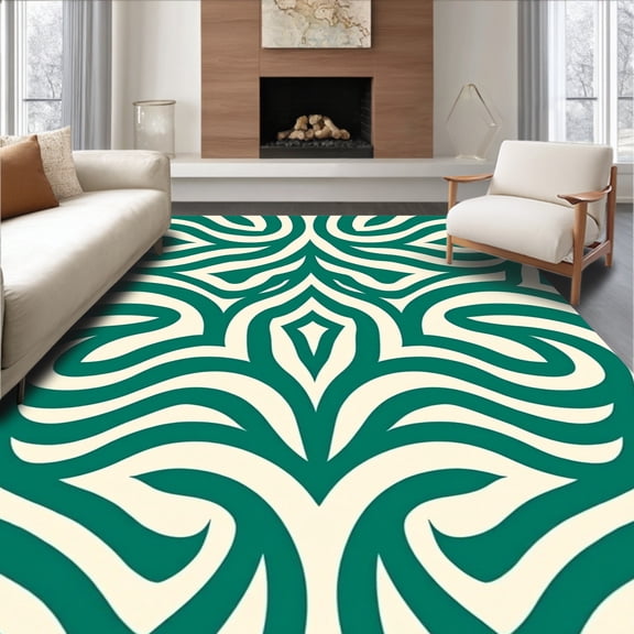 Flatwoven High Traffic Area Rug, Mid Century Modern Interlocking Waves in Jade and Cream Palette, Non Slip, Stain Resistant, Washable Area Rugs for Living Room, Bedroom(Green, 2X3)