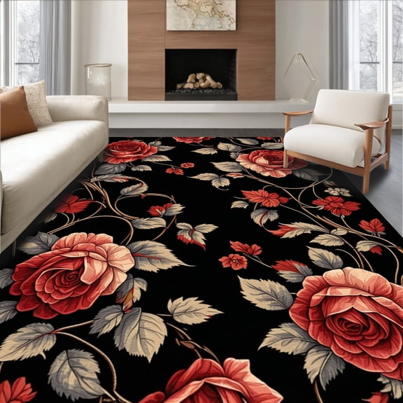 ODIKA 5'x7' Machine Washable Non-Slip Area Rug, Midnight Bloom Dark Floral Elegance High Traffic Rug, Red, 217717