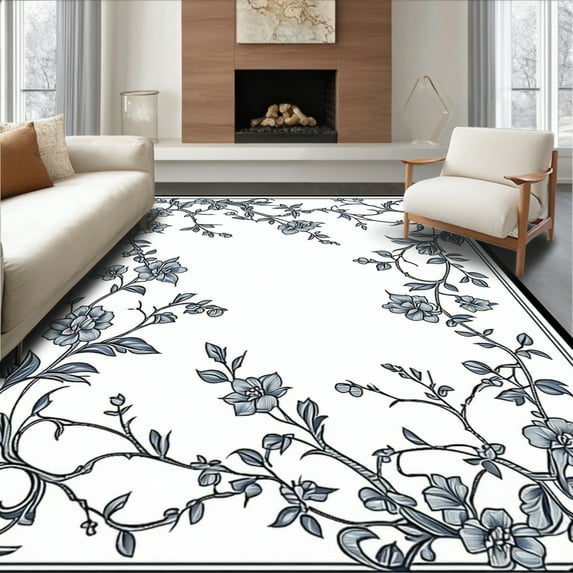 Flatwoven High Traffic Area Rug, Midnight Bloom Elegant Botanical ...