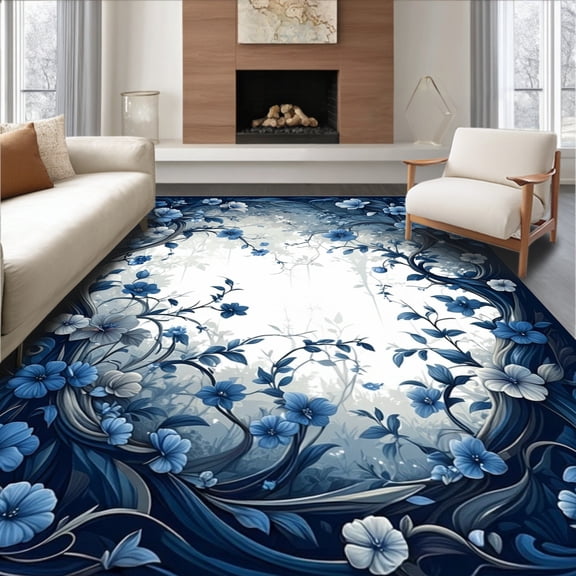 ODIKA 8'x10' Machine Washable Non-Slip Area Rug, Midnight Bloom Floral Burst High Traffic Rug, Navy, 264052