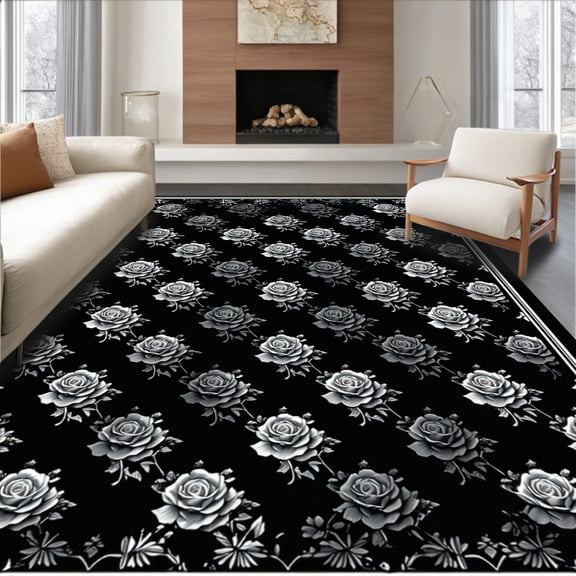 ODIKA 4'x6' Machine Washable Non-Slip Area Rug, Midnight Bloom Gothic Floral Patterned Grey High Traffic Rug, Gray, 277463