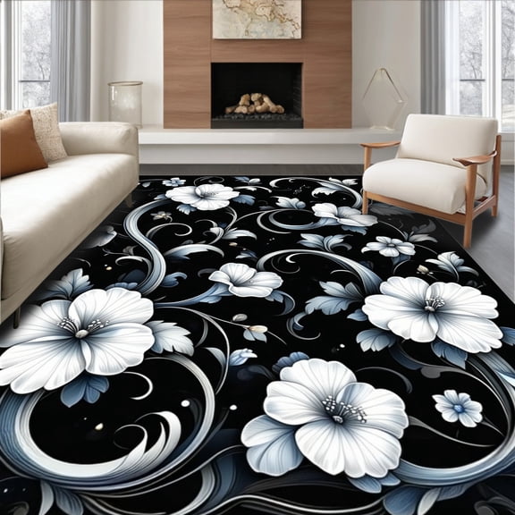 ODIKA 5'x7' Machine Washable Non-Slip Area Rug, Midnight Bloom Hallway Accent High Traffic Rug, White, 217553