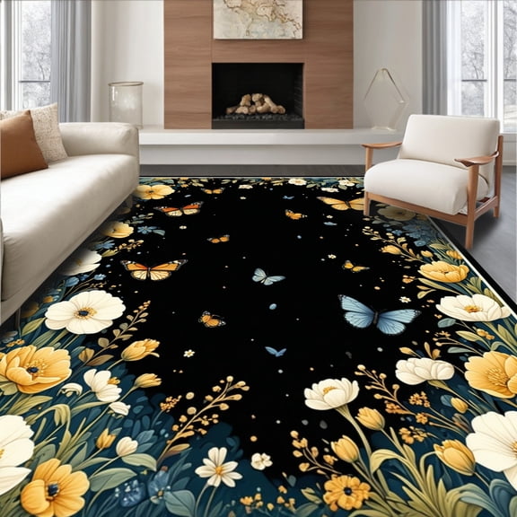ODIKA 4'x6' Machine Washable Non-Slip Area Rug, Midnight Bloom Round Floral & Fantasy High Traffic Rug, Yellow, 217023