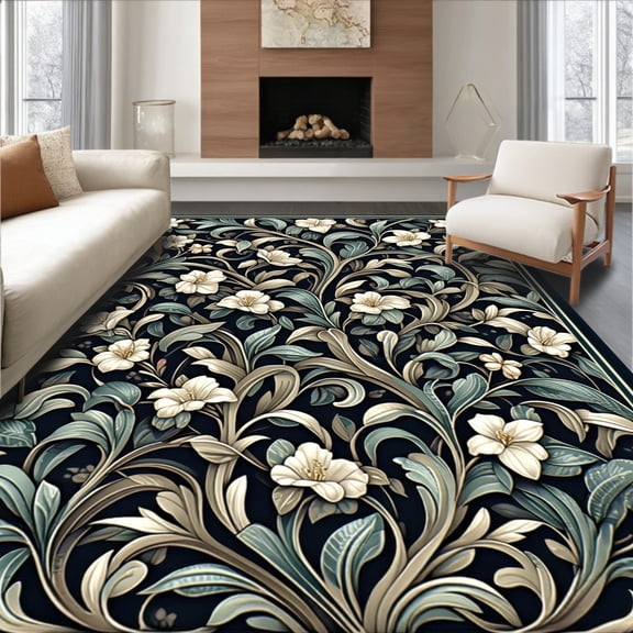 ODIKA 4'x6' Machine Washable Non-Slip Area Rug, Midnight Bloom Vinework with Elaborate Petal Filigree Accents High Traffic Rug, Ivory, 215742