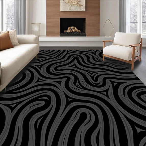 ODIKA 2'x3' Machine Washable Non-Slip Area Rug, Midnight Cascade Luxe With Flowing Wave Design High Traffic Rug, Black, 395767