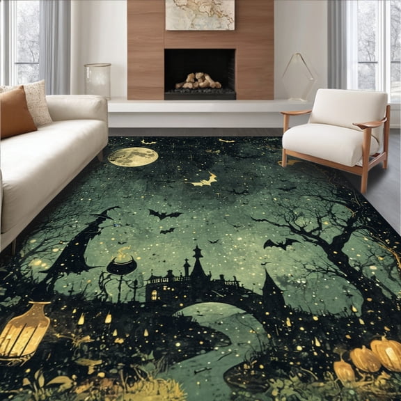 ODIKA 8'x10' Machine Washable Non-Slip Area Rug, Midnight Coven Pair Bewitched Floor Art Enchanted Black High Traffic Rug, Black, 38138