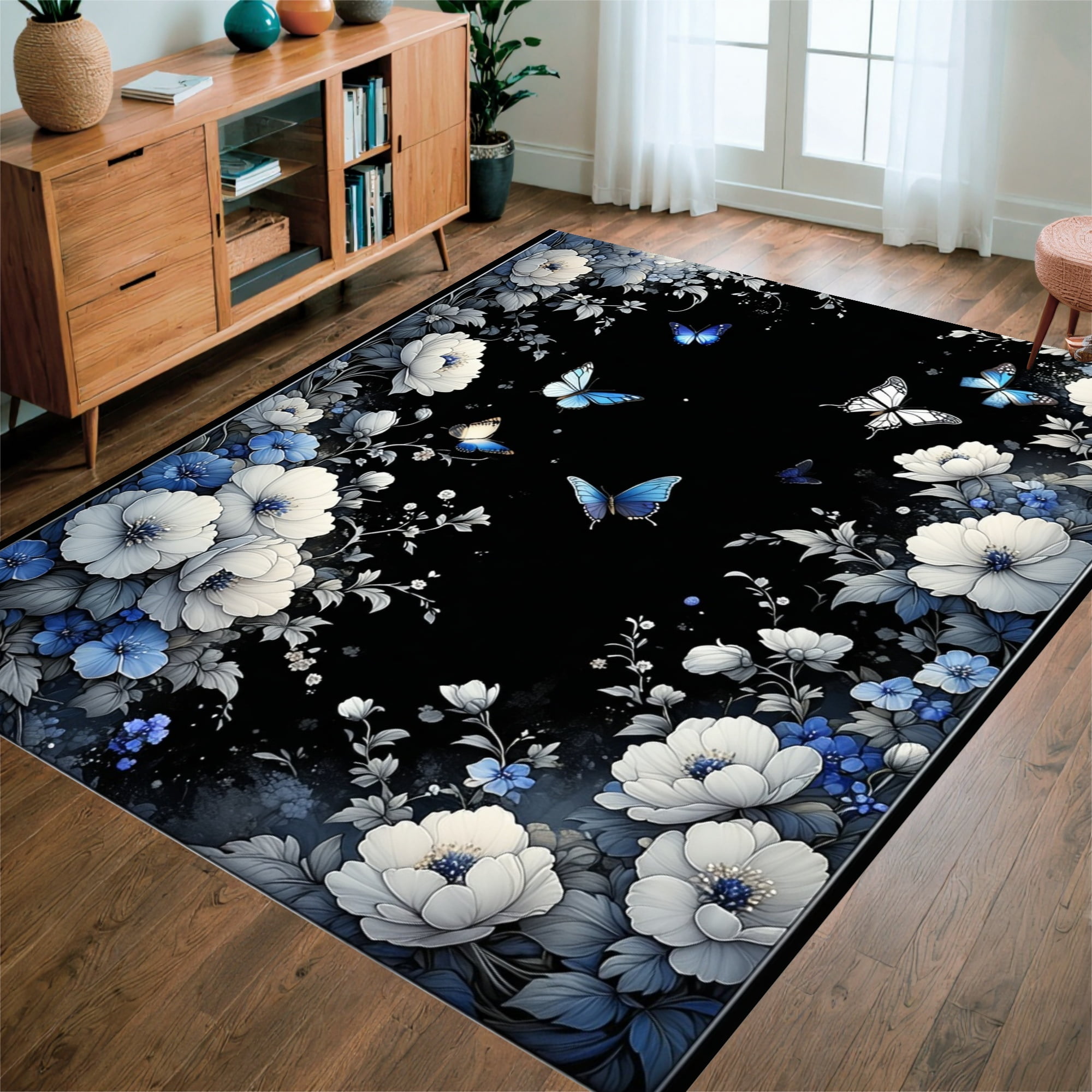 Flatwoven High Traffic Area Rug, Midnight Garden Blooms With Butterfly ...