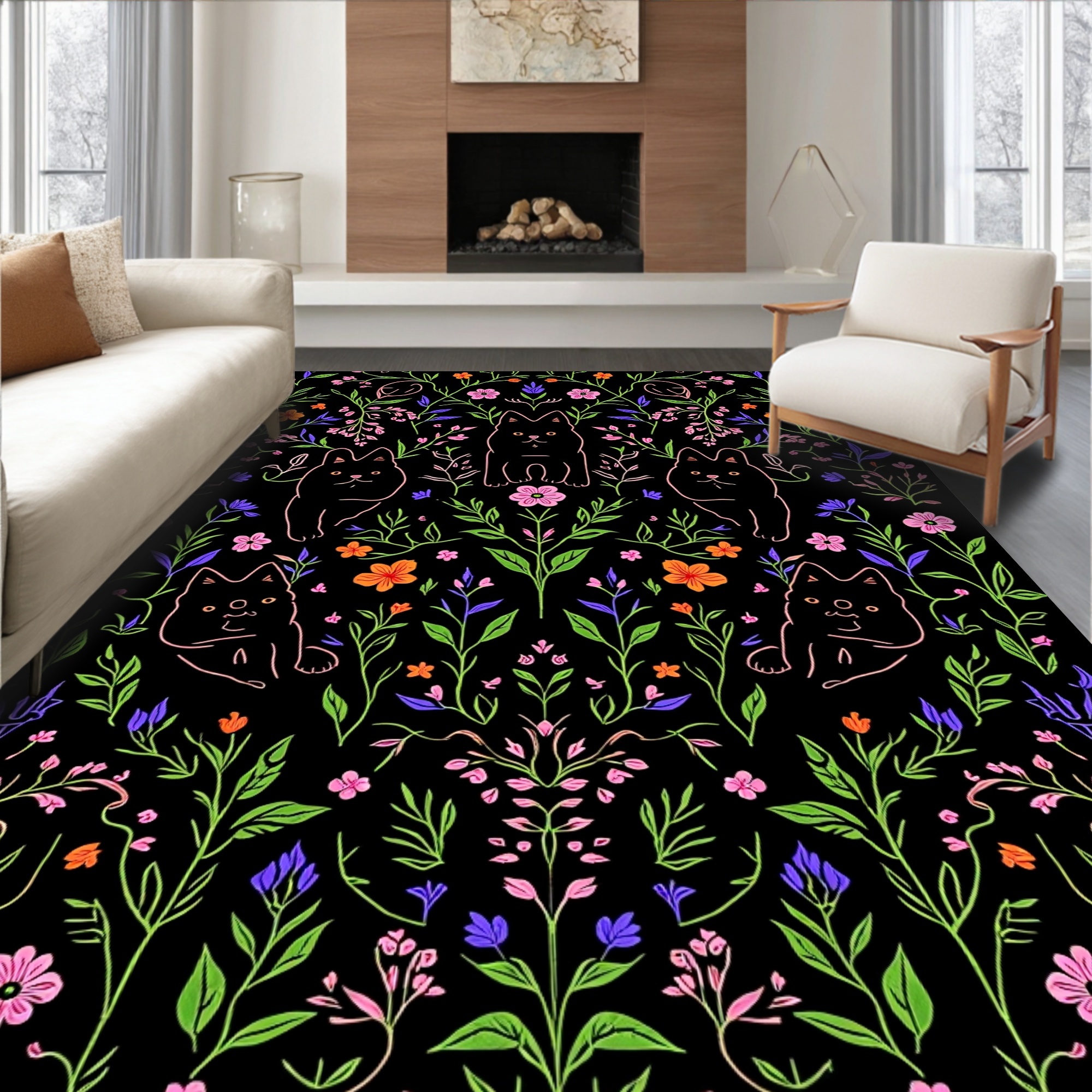 ODIKA 8' Machine Washable Non-Slip Area Rug, Midnight Garden Cat Whimsy ...