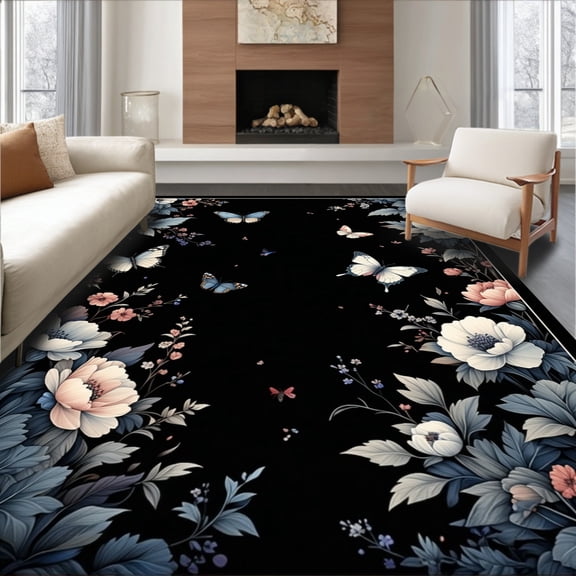 ODIKA 8'x10' Machine Washable Non-Slip Area Rug, Midnight Garden Floral Insect Accent Black Boho High Traffic Rug, Blue, 82966