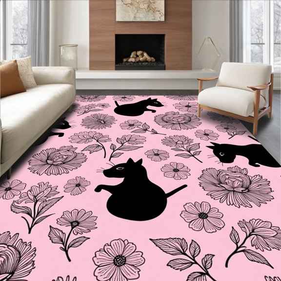 Flatwoven High Traffic Area Rug, Midnight Jungle Elegance With Blossoming Garden Elements, Non Slip, Stain Resistant, Washable Area Rugs for Living Room, Bedroom(Pink, 2X3)