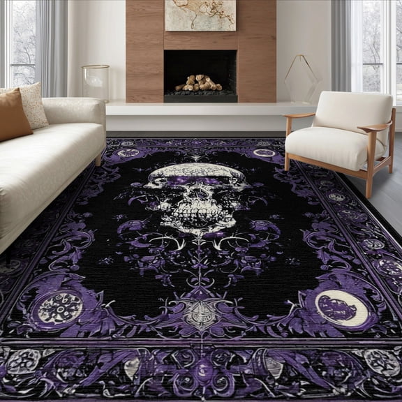 ODIKA 6'x9' Midnight Macabre Bewitched Skull for Spooky Enthusiasts Washable Area Rug for Queen Size Bedroom, Under Bed, Master Suite, Easy Care, Non-Shedding