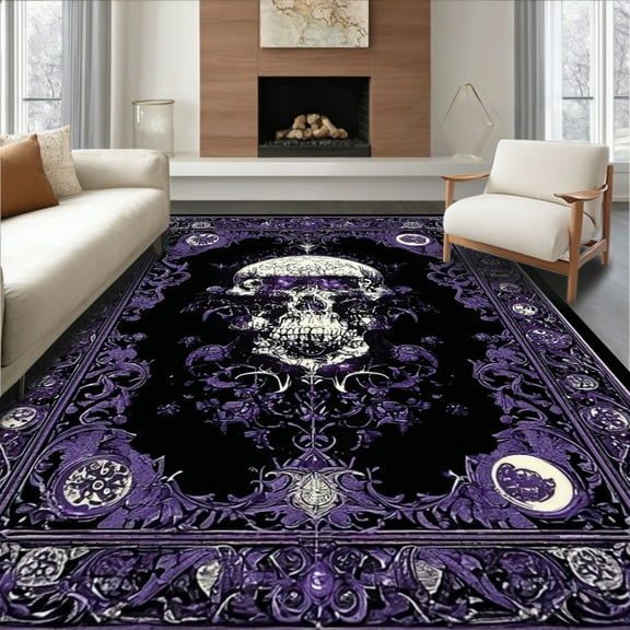 ODIKA 4'x6' Washable Non-Slip Area Rug, Midnight Macabre Skull Purple Flatwoven Chenille Carpet, Ref: 38141