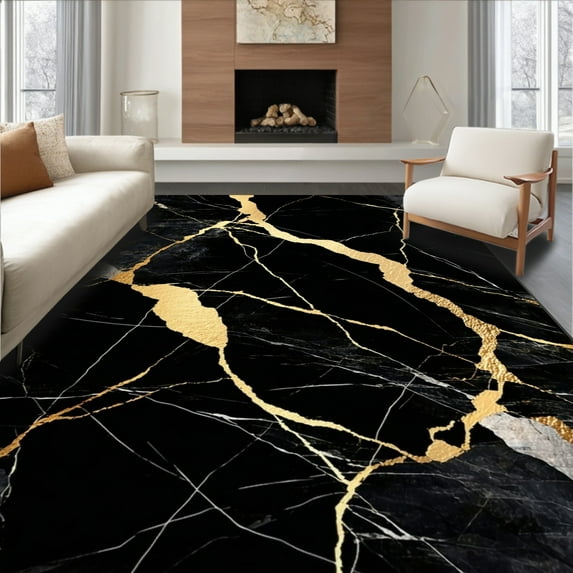 Flatwoven High Traffic Area Rug, Midnight Marble Golden Veins Easy Clean, Non Slip, Stain Resistant, Washable Area Rugs for Living Room, Bedroom(Black, 5X7)