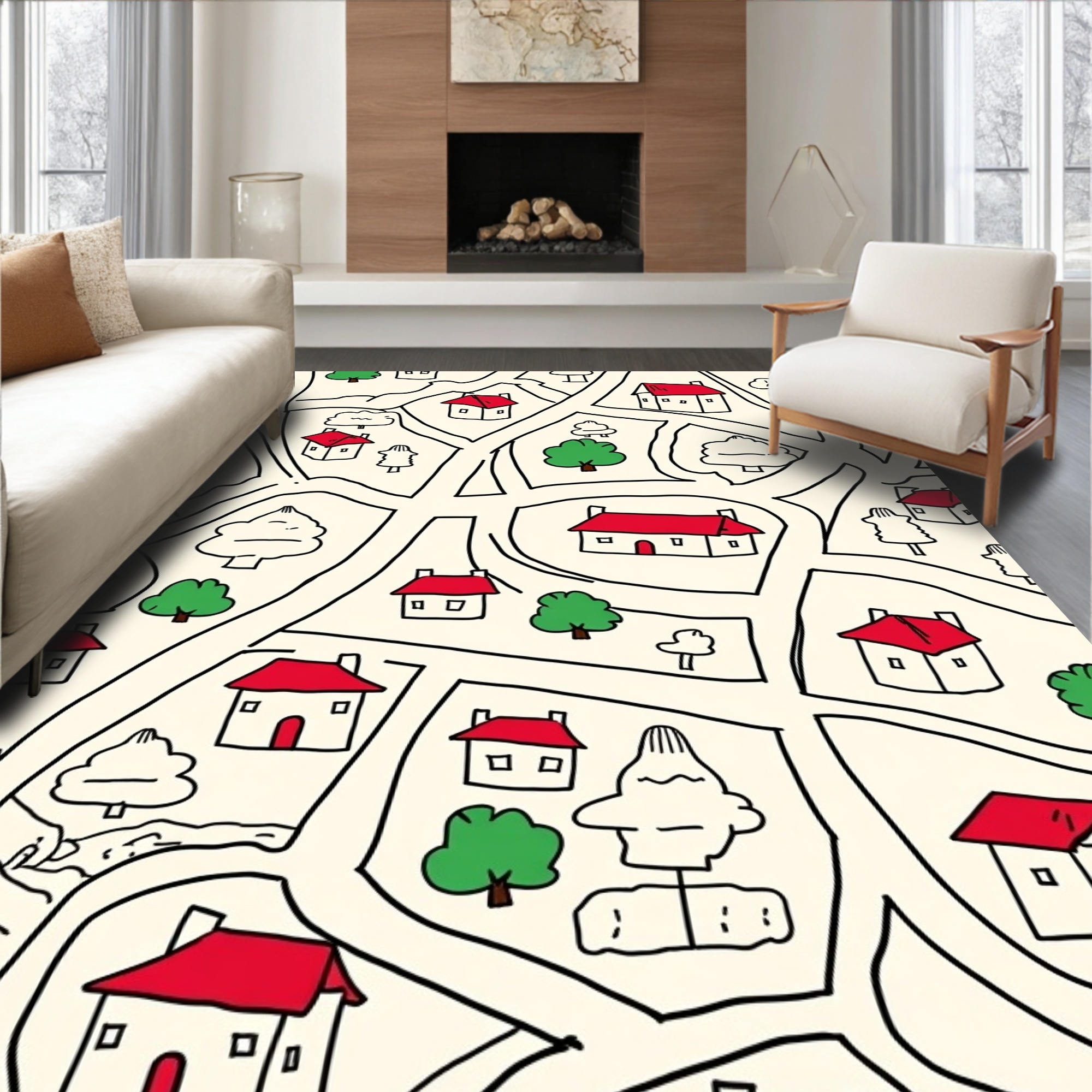 Flatwoven High Traffic Area Rug, Miniature World Storybook Village Map ...