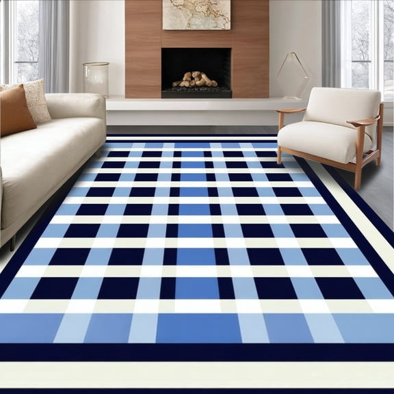 ODIKA 4'x6' Machine Washable Non-Slip Area Rug, Minimalist Checkerboard Simple Elegance High Traffic Rug, Blue, 139653