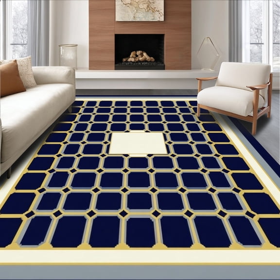Flatwoven High Traffic Area Rug, Minimalist Geometric Featuring Interlocking Hexagons and Personalized Text, Non Slip, Stain Resistant, Washable Area Rugs for Living Room, Bedroom(Navy, 2X3)