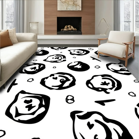 ODIKA 8'x8' Machine Washable Non-Slip Area Rug, Minimalist Ink Splash with Spot Motifs High Traffic Rug, Black, 308571