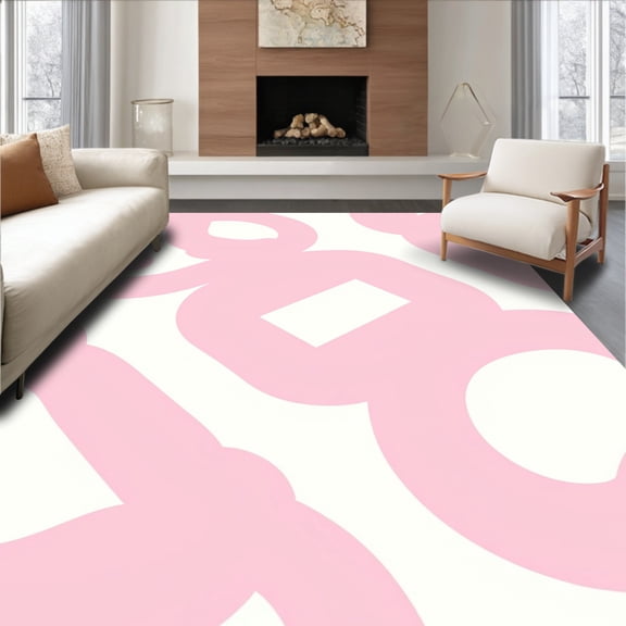 ODIKA 5'x7' Machine Washable Non-Slip Area Rug, Minimalist Interlocking Shapes With Curves and Bold Accents High Traffic Rug, Pink, 394202