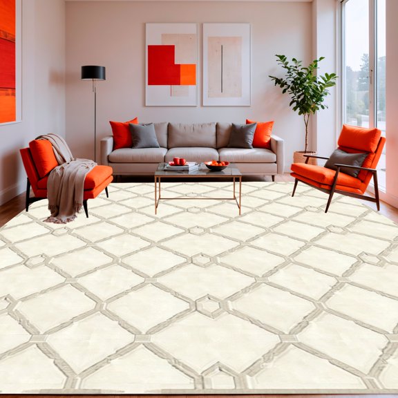 Flatwoven High Traffic Area Rug, Minimalist Rhombus Lattice with Interlocking Diamond Shapes and Linear Precision, Non Slip, Stain Resistant, Washable Area Rugs for Living Room, Bedroom(Beige, 2X3)