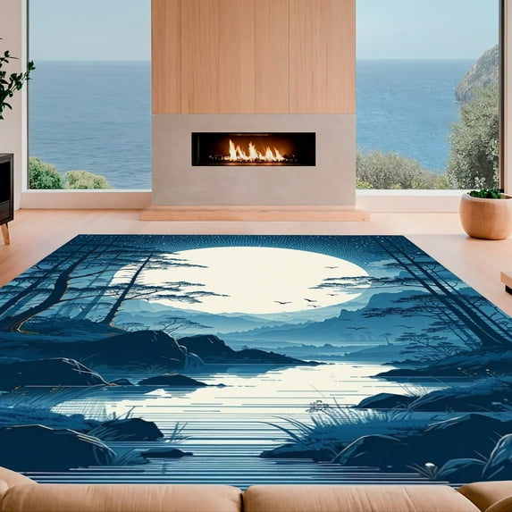 ODIKA 4'x6' Machine Washable Non-Slip Area Rug, Minimalist Substrate Utopia Tranquil Cutout High Traffic Rug, Blue, 191332