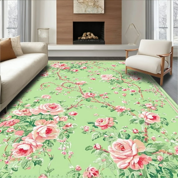 ODIKA 6'x9' Machine Washable Non-Slip Area Rug, Mint Green Ribbon & Rose Throw Floral Patterned High Traffic Rug, Green, 39435