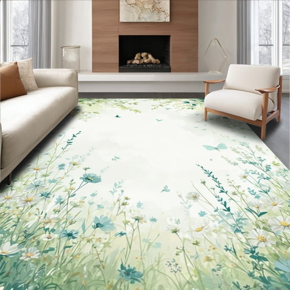 Flatwoven High Traffic Area Rug, Mint Meadow Touch Accent Serene Green Hues, Non Slip, Stain Resistant, Washable Area Rugs for Living Room, Bedroom(White, 2X3)