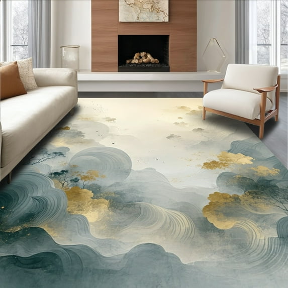 ODIKA 6'x9' Machine Washable Non-Slip Area Rug, Misty Abstract Featuring Blurred Gradient Swirls and Overlays High Traffic Rug, Gray, 166372