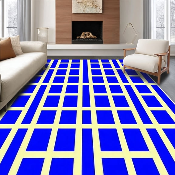 Flatwoven High Traffic Area Rug, Mod Trellis Cobalt and Butter Kitchen Floor Mat, Non Slip, Stain Resistant, Washable Area Rugs for Living Room, Bedroom(Blue, 2X3)