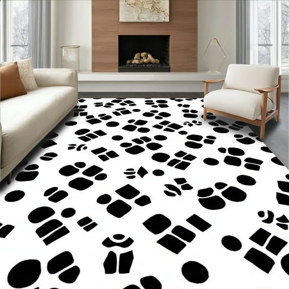 ODIKA 6'x6' Machine Washable Non-Slip Area Rug, Modern Abstract Animal Inspired Featuring Irregular Spot Motifs High Traffic Rug, Black, 301981