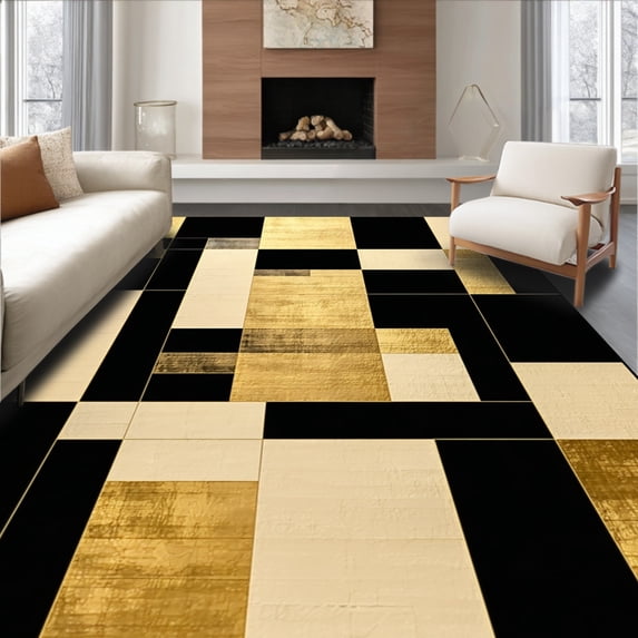 ODIKA 5'x7' Machine Washable Non-Slip Area Rug, Modern Abstract Black & Gold Geometric Design High Traffic Rug, Gold, 84801