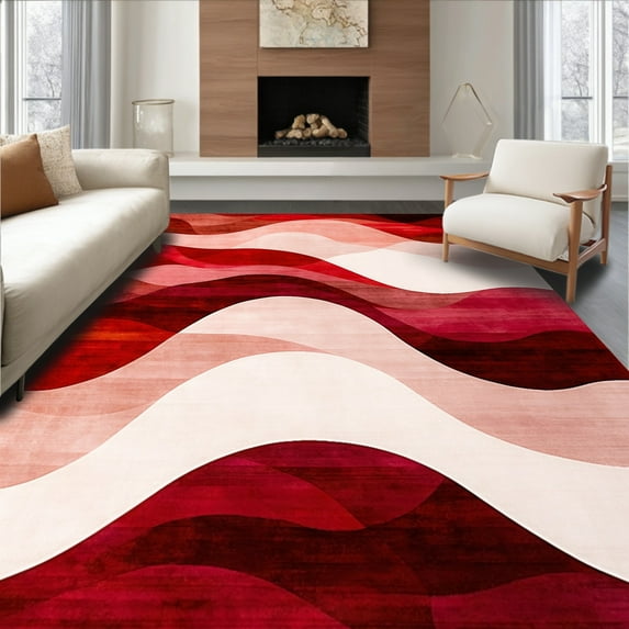 ODIKA 4'x6' Machine Washable Non-Slip Area Rug, Modern Abstract Brushstroke Wave Design with Dynamic Flow High Traffic Rug, Red, 256670