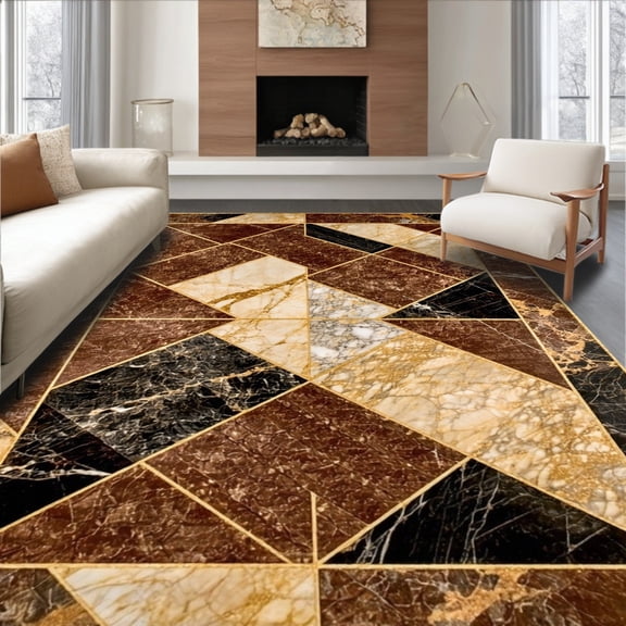 ODIKA 5'x7' Machine Washable Non-Slip Area Rug, Modern Abstract Chocolate with Gold Accents High Traffic Rug, Brown, 91116
