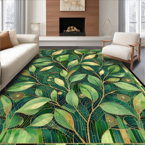 Flatwoven High Traffic Area Rug, Modern Abstract Foliage Mosaic with Symmetrical Leaf and Vine Geometry, Non Slip, Stain Resistant, Washable Area Rugs for Living Room, Bedroom(Green, 2X3)