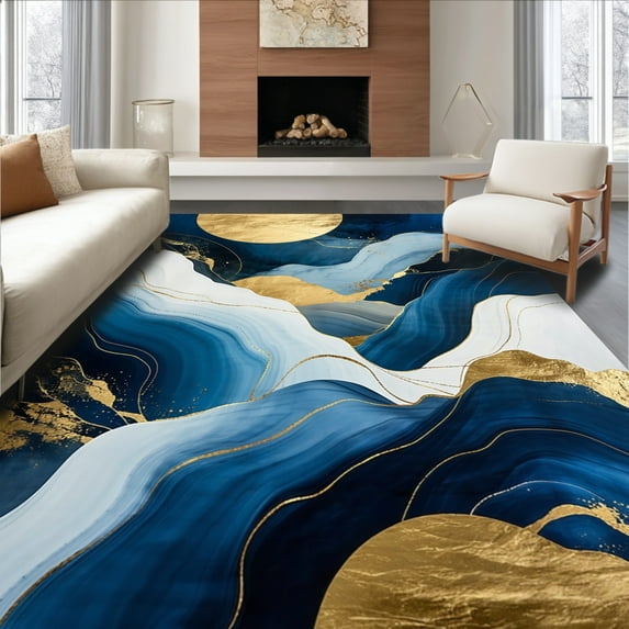 ODIKA 3'x5' Machine Washable Non-Slip Area Rug, Modern Abstract Geometric Marble Design High Traffic Rug, Blue, 155856