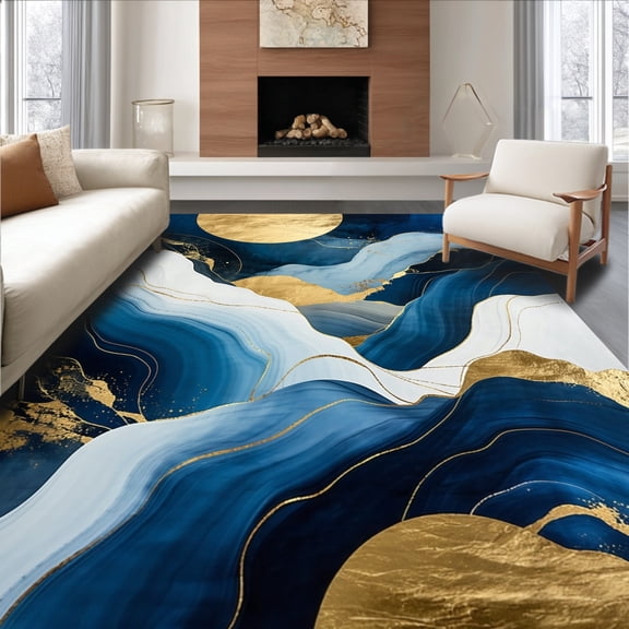 ODIKA 8'x10' Machine Washable Non-Slip Area Rug, Modern Abstract Geometric Marble Design High Traffic Rug, Blue, 155856