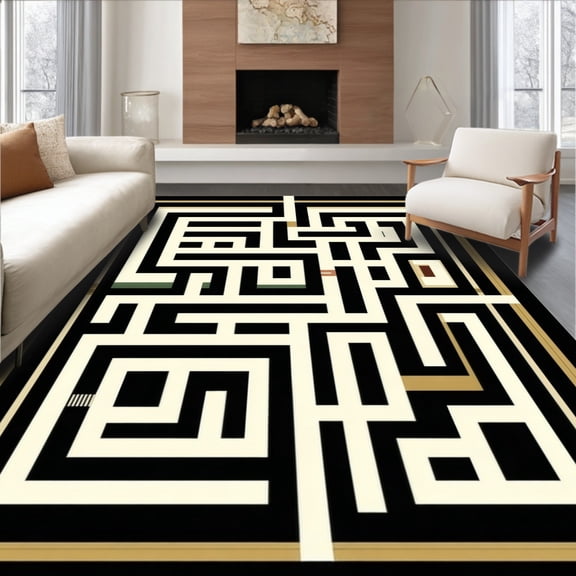 ODIKA 4'x6' Machine Washable Non-Slip Area Rug, Modern Abstract Maze Design High Traffic Rug, Black, 259903