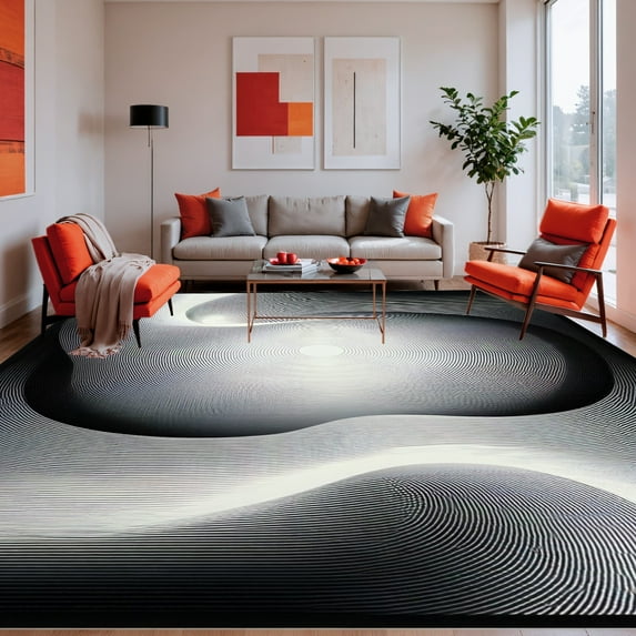 ODIKA 3'x5' Machine Washable Non-Slip Area Rug, Modern Abstract Swirls Black and Printed High Traffic Rug, Gray, 43240