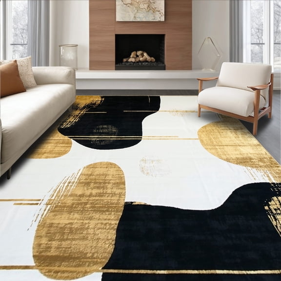 ODIKA 4'x6' Machine Washable Non-Slip Area Rug, Modern Black Gold Accent Abstract Design White High Traffic Rug, White, 84047