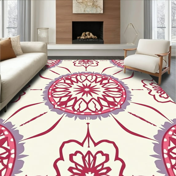 ODIKA 6'x9' Machine Washable Non-Slip Area Rug, Modern Boho Medallion Motif with Subtle Lattice Overlay High Traffic Rug, Beige, 393678