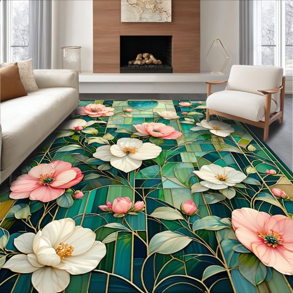 Flatwoven High Traffic Area Rug, Modern Boho Mosaic with Abstract Blossoms and Latticework Accents, Non Slip, Stain Resistant, Washable Area Rugs for Living Room, Bedroom(Pink, 6X9)