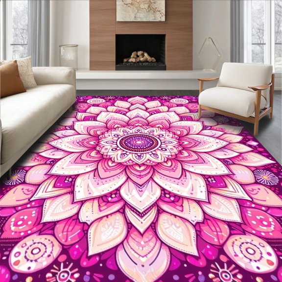 ODIKA 4'x6' Machine Washable Non-Slip Area Rug, Modern Boho Sunburst with Layered Daisies and Radiating Petals High Traffic Rug, Pink, 210692