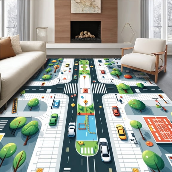 ODIKA 4'x6' Machine Washable Non-Slip Area Rug, Modern City Life with Road Traffic and Play Areas High Traffic Rug, Gray, 106255