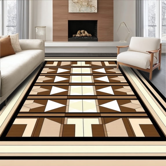 ODIKA 6'x9' Machine Washable Non-Slip Area Rug, Modern Floor with Geometric Border High Traffic Rug, Beige, 90191
