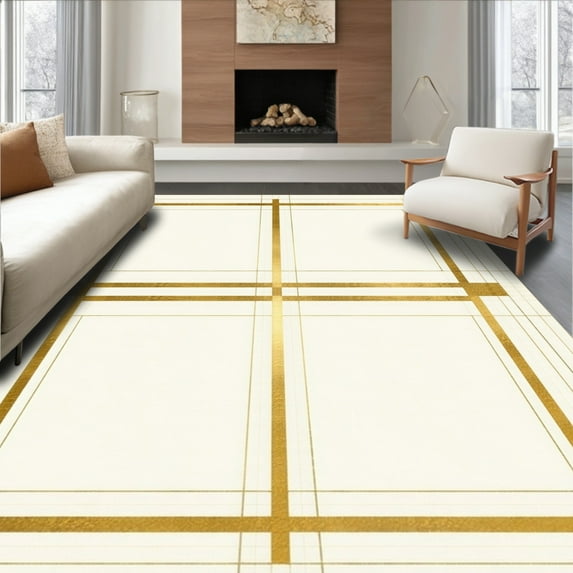 ODIKA 4'x6' Machine Washable Non-Slip Area Rug, Modern Geometric Line Easy Cleaning Non Shedding Ivory Gold High Traffic Rug, Beige, 71027