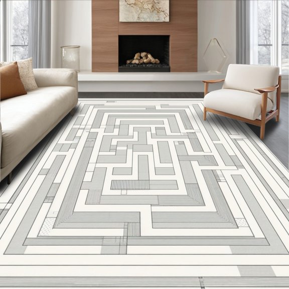 Flatwoven High Traffic Area Rug, Modern Geometric Maze With Minimalist Line Art Design, Non Slip, Stain Resistant, Washable Area Rugs for Living Room, Bedroom(Gray, 2X3)