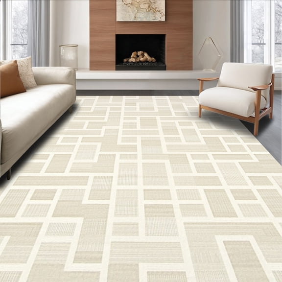 ODIKA 4'x6' Machine Washable Non-Slip Area Rug, Modern Geometry Oval Floor Covering High Traffic Rug, Beige, 157685