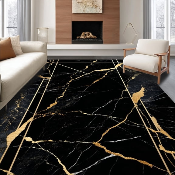 ODIKA 5'x7' Machine Washable Non-Slip Area Rug, Modern Gold Lines Abstract Black Marble Effect High Traffic Rug, Black, 132537