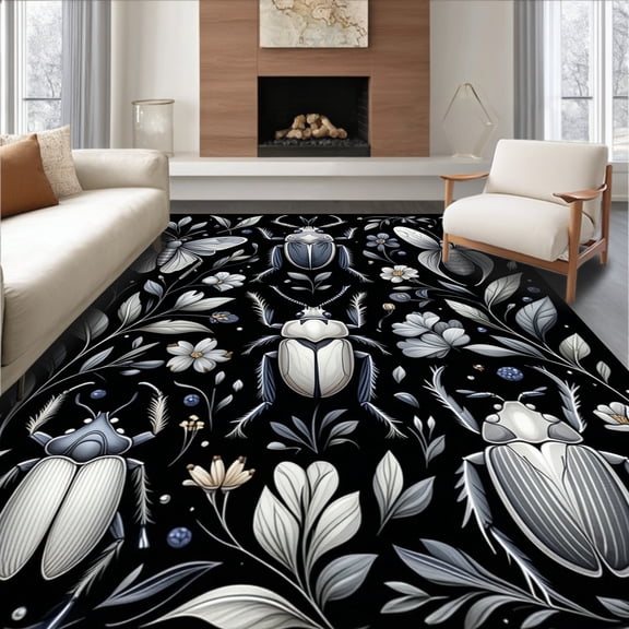 Flatwoven High Traffic Area Rug, Modern Insect Motif with Stylized Beetle and Leaf, Non Slip, Stain Resistant, Washable Area Rugs for Living Room, Bedroom(Gray, 2X3)